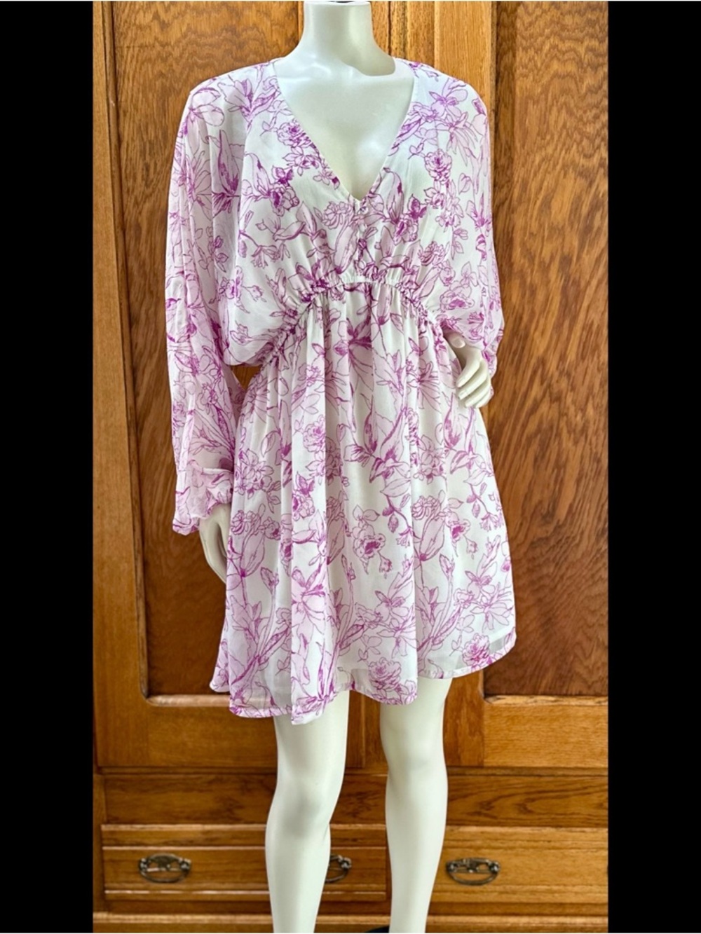 White chiffon Dress with Pink Floral Print V-Neck Mini Dress